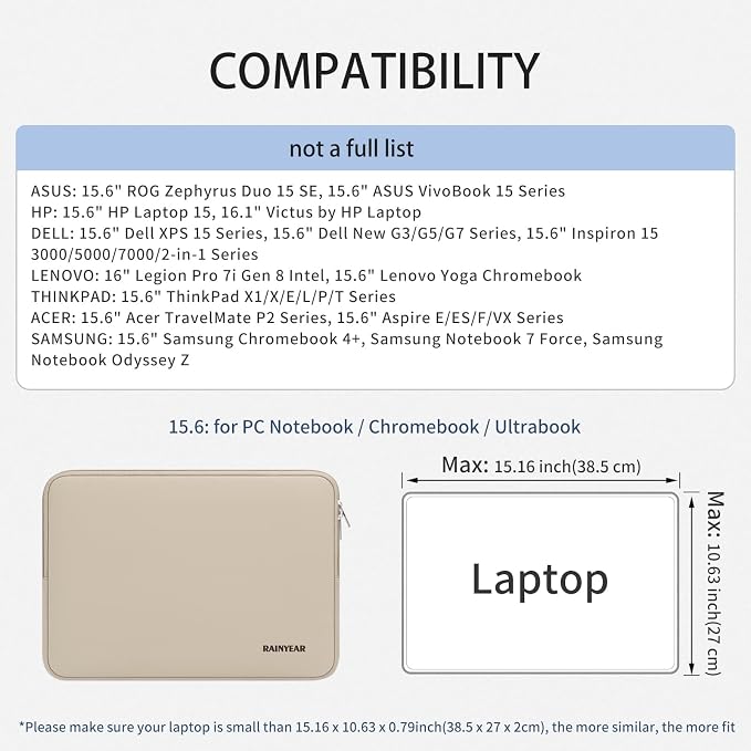 RAINYEAR 15.6 Inch Laptop Sleeve Case Compatible with 15.6 Inch Computer Chromebook PC Notebook Ultrabook, Protective Soft Padded Lightweight Laptop Carrying Bag Cover, Khaki