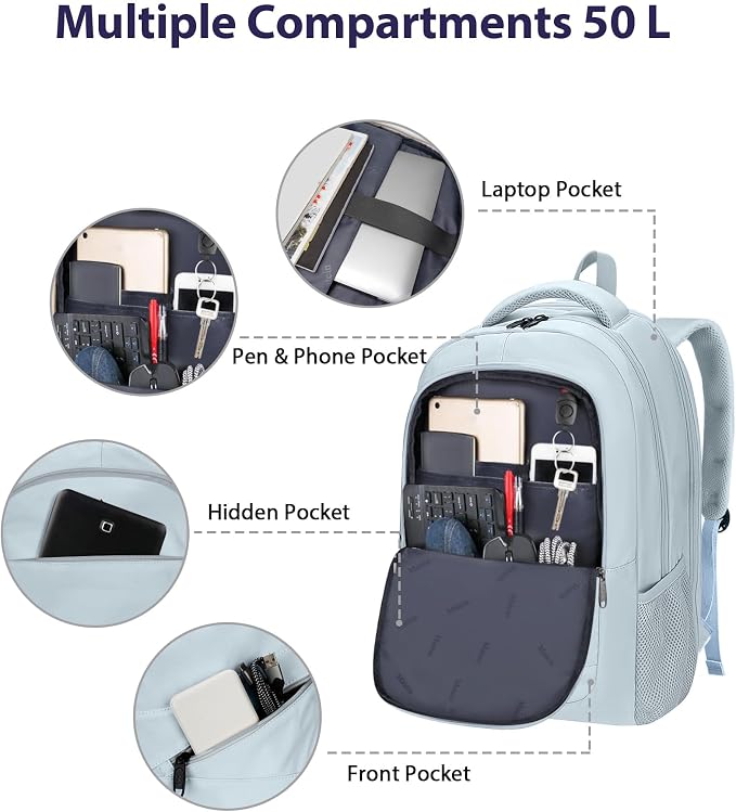 MATEIN 18 Inch Laptop Backpack for Women, TSA Approved Laptop Rucksack Large Capacity 50 L, Anti Theft Backpack with Comfortable Shoulder Straps for College Work Travel, Haze Blue