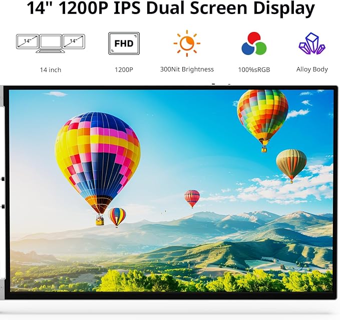 AYY Laptop Screen Extender, 14" FHD 1200P Portable Triple Monitor for 13"-17" Laptops, Aluminum Alloy Stand, Compatible with MacOS/Windows/Chrome