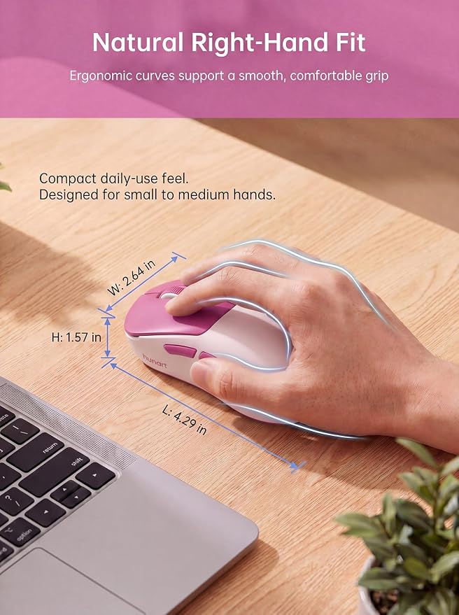 hunart H6 49g Wireless Mouse, Bluetooth & 2.4GHz Rechargeable Mouse, Lightweight Silent Ergonomic Mouse with USB-C Charging, Portable Right-Hand Office Mouse for Laptop, PC, MacBook(Berry Pink)