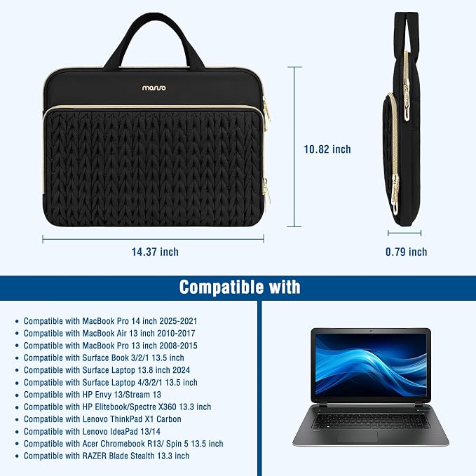 MOSISO Laptop Case 13.3 inch, 13-13.3 inch Laptop Sleeve Compatible with MacBook Air 13.6 M5 M4 M3 M2 M1/Neo/Pro 13/14, HP Dell Lenovo ASUS, Wheat Ear Quilted Carrying Bag with Handle&Pocket, Black
