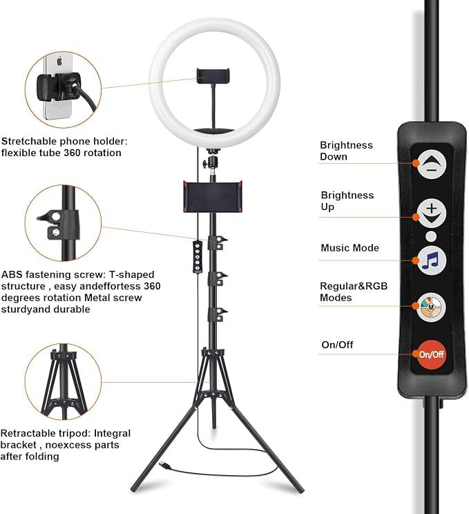 13" Selfie Ring Light with 76" Tripod Stand & 3 Phone Holder, LED Camera Ringlight with 48 RGB Colors Modes & Musical Rhythm Mode and 12 Brightness Dimmable for Makeup/Photography/Videos/Vlog/TikTok