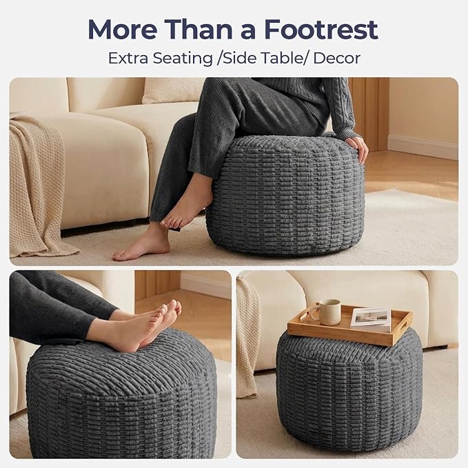 Large Round Pouf Ottoman Stuffed Corduroy Poufs Foot Rest with Foam Filling Fluffy Pouf Storage Foot Stools Ottoman Rest for Living Room Couch 26 X 18 Inches, Grey