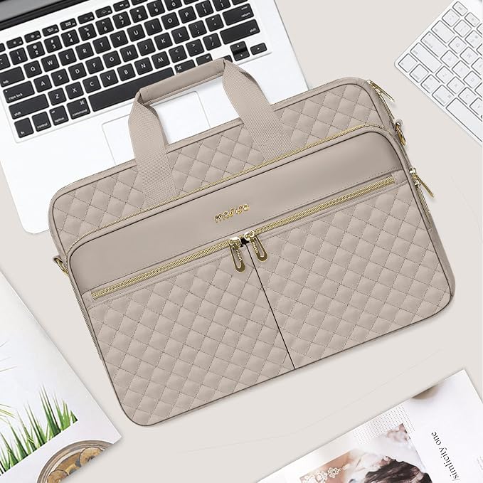 MOSISO 15-16 inch Laptop Bag, Laptop Briefcase Messenger Compatible with MacBook Pro 16/Air 15, HP, Dell, Lenovo, Square Quilted Computer Bag Work Office Business with 3 Pockets&Strap, Taupe Brown