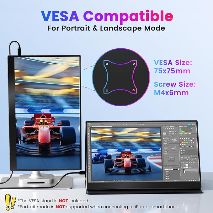 Upperizon Portable Monitor 15.6 inch 4K UHD 3840X2160 100% sRGB 60Hz HDR HDMI USB-C Travel Monitor for Laptop MacBook PC Surface PS5 Xbox, External Display with Full Cover & Speakers, VESA Compatible
