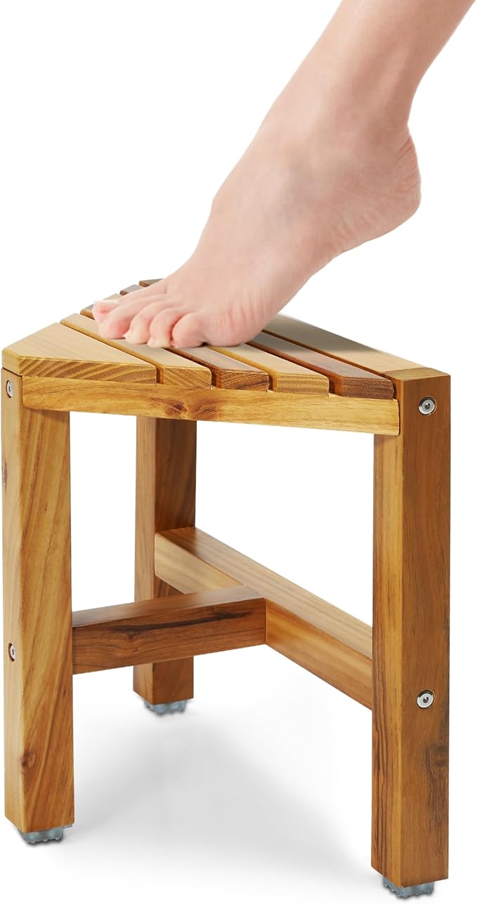 Teak Shower Stool, Teak Shower Bench, 12'' Shower Foot Rest for Shaving Legs, Waterproof Corner Shower Bench, Organizer Stool, Corner Seat for Bathroom Livingroom