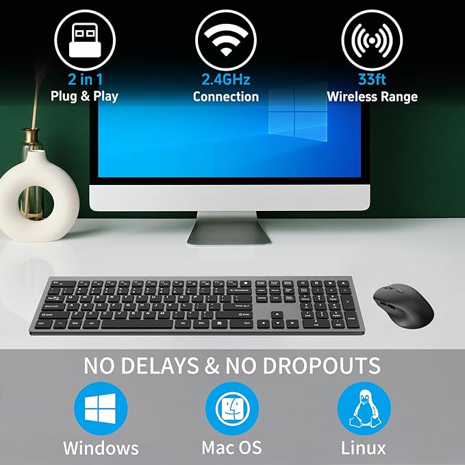 Wireless Keyboard and Mouse Combo, Silent Full-Size Computer Keyboard with Calculator Button, 2400 DPI Ergonomic Mouse, Quiet Click, USB Cordless Mice Set for Laptop PC Windows Mac - Black & Grey