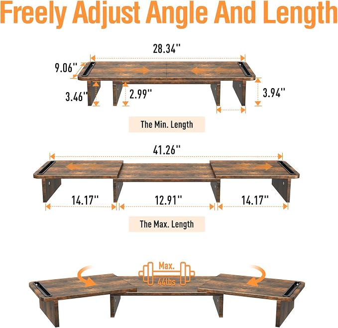 Dual Monitor Stand Riser, Laptop Computer Riser Adjustable Length and Angle, Desktop Wooden Stand 2 Tiers with Storage Organizer for Home Office(Brown)