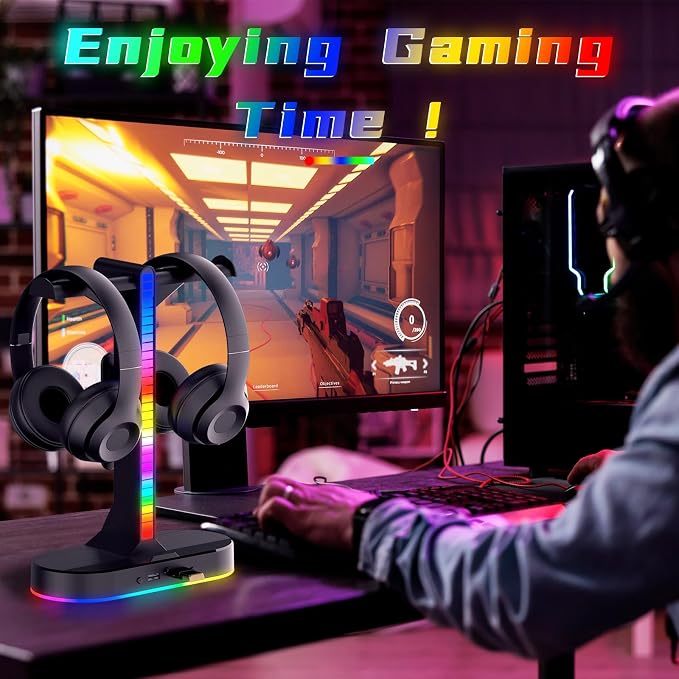 RGB Headphone Stand - Dual Gaming Headset Holder with 3 USB Charging Station and 3.5mm Audio Port,8 Light Modes, Suitable for Gaming, Wireless Earphone Display, Gamer Gifts for Men (Black)