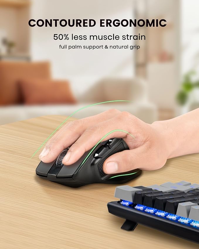 XUANGUI Wireless Ergonomic Mouse Comfortable Bluetooth Cordless Mice, Max 4800 DPI Ergo Witeless Mose with Side Buttons and USB Dongle, Battery Powered, Blue Tooth / 2.4G for Computer Laptop Macbook