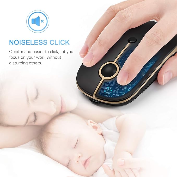 VssoPlor Type C Wireless Mouse USB C Rechargeable Portable Quiet Laptop Mouse USB and Type C Receiver Dual Mode Mice for PC, Laptop, MacBook, Tablet-Black Gold