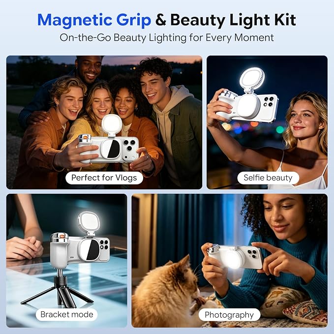 Magnetic Phone Camera Grip with Selfie Light for Content Creators, Wireless Shutter, Stable Video&Better Lighting, Portable Grip for TikTok, Vlog, Selfies, Travel & Video Calls, iPhone&Android (White)