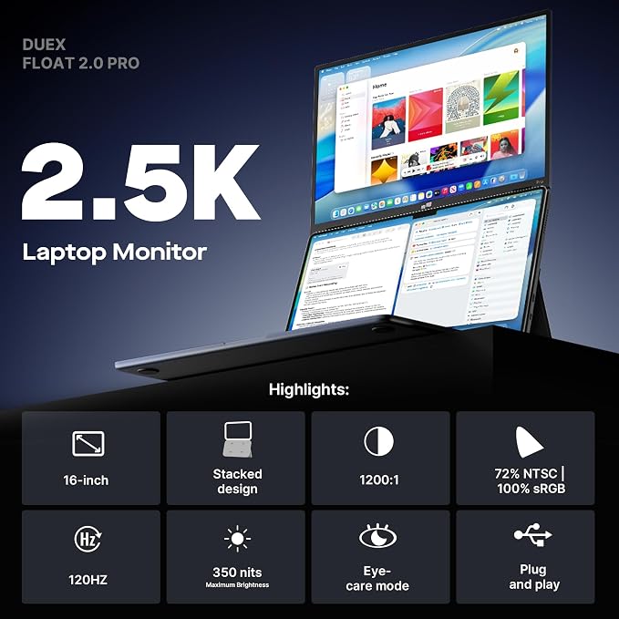 New Mobile Pixels Duex Float 2 Pro 2.5 K Portable Monitor, 16" Laptop Screen Extender (Built-in Kickstand), USB C/HDMI Stacked Monitor Extender with Dual Speakers, Windows, MacOS, Switch, Android