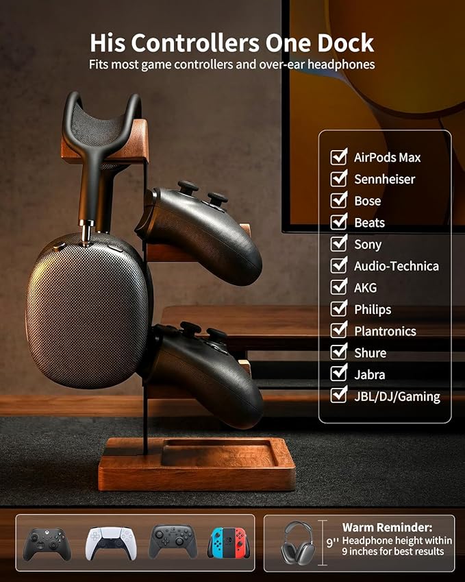 Headset Stand with Controller Holder, 3-in-1 Solid Walnut Wood Gaming Desk Organizer, Compatible with Controllers, Display Mount for AirPods Max, Bose, Sennheiser, Gift for Gamers