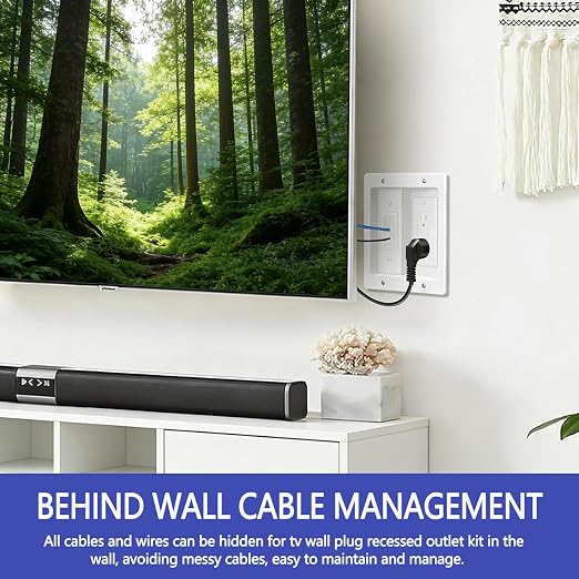 Wall Cable Concealer Management Kit, Recessed TV Outlet Box, in Wall TV Box Hidden Cable Connection Kit, Behind TV Outlet Box Recessed Wall Mount TV Box to Hide Power Cables and Low Voltage Wires