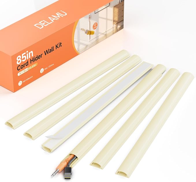 Delamu 85in Adhesive Cord Hider Wall, Mounted TV Cord Cover Kit, Multiple Cable Raceways for Wall Corner, Wire Cover Hiders for 1-2 Cables, 1.18" W X 0.43" H, Beige