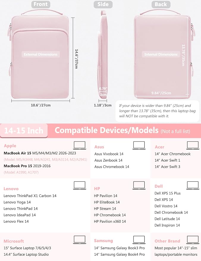 HYZUO 14-15 Inch Laptop Bag Sleeve for MacBook Air 15 M5 A3448 M4 M3 M2 2026-2023, MacBook Pro 15, XPS 14/15 Plus, 15" Surface Laptop, Notebook Case for 14" Dell HP Lenovo Asus Acer, Pale Pink