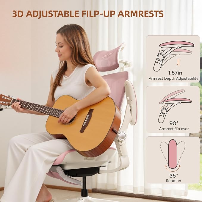 CabLady S2 Petite Ergonomic Office Chair for Women, Small Frame Desk Chair with Adjustable Lumbar, Headrest & Footrest, Space-Saving Flip-Up Armrests