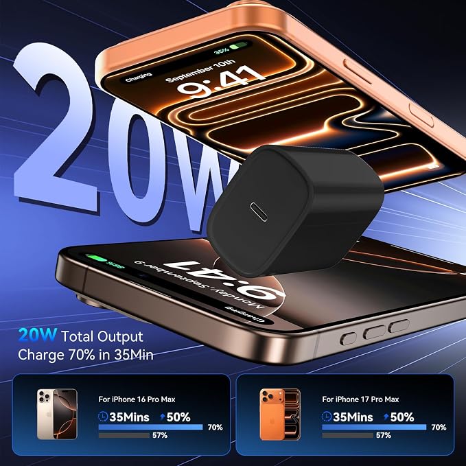 Phone 17 16 15 Pro Charger Fast Charging, 20W USB C Fast Charger Block with 12FT Long Type C Chargers Fast Charging Cable Cord for Phone 17/17 Pro/17 Pro Max/Air/16 Pro Max/16 Pro/15Pro Max/Pro, S24