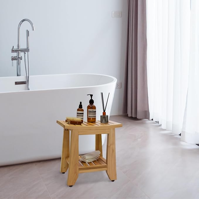 Teak Shower Bench Stool, 14'' Compact Waterproof Wooden Sauna Bath Bench with Storage Shelf, Non-Slip Solid Teak Shower Seat Chair for Small Bathrooms Inside Shower and Outdoor Use