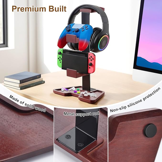 Solid Wood Headphone Stand Controller and Headset Stand Game Controller Holder for Desk Hanger Organizer Gaming Set Up Accessories for Xbox PS4 PS5 Nintendo Switch