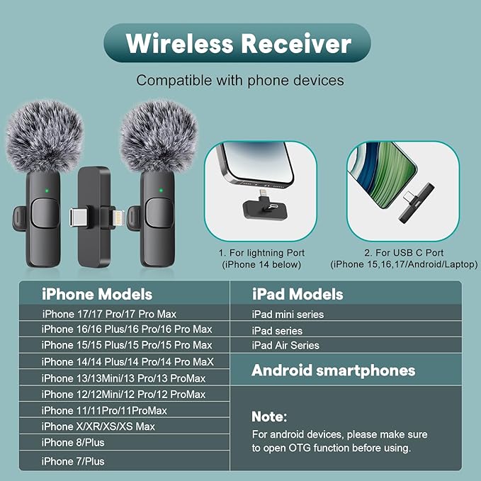 MAYBESTA Wireless Mini Microphone for iPhone, Android Phone - 2 Pack Lavalier Lapel Mic for Audio Video Recording - Clip on Content Creator Microphones for YouTube Tiktok Podcast Vlogging
