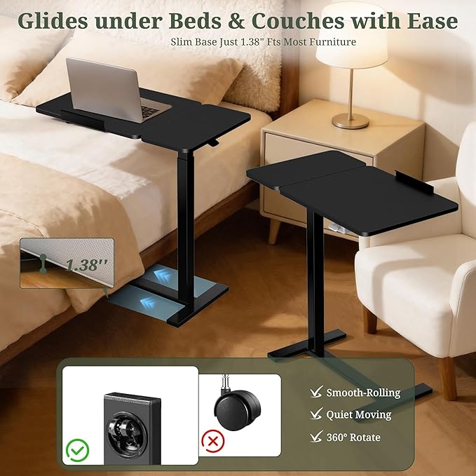 Mobile Standing Desk with Hidden Casters, Adjustable Height Desk, Portable Laptop Computer Table with Tilting Top, for Sit Stand Workstation, Compact and Sturdy for Home, Office, Dorm, Black