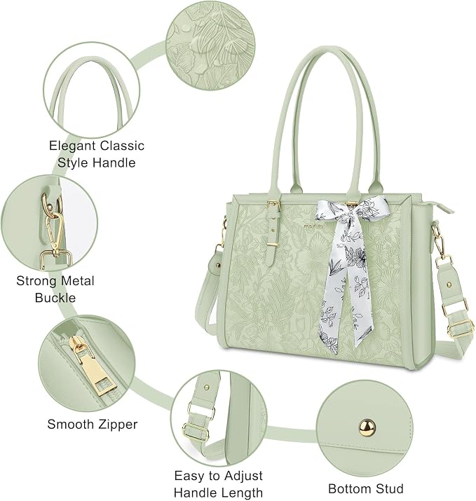 MOSISO Laptop Bag for Women, 17-17.3 inch PU Leather Tote Bag Compatible with MacBook, HP, Dell, Asus Notebook, Front Embossed Retro Hibiscus Computer Bags with Silk Scarf&Clutch Purse, Sage Green