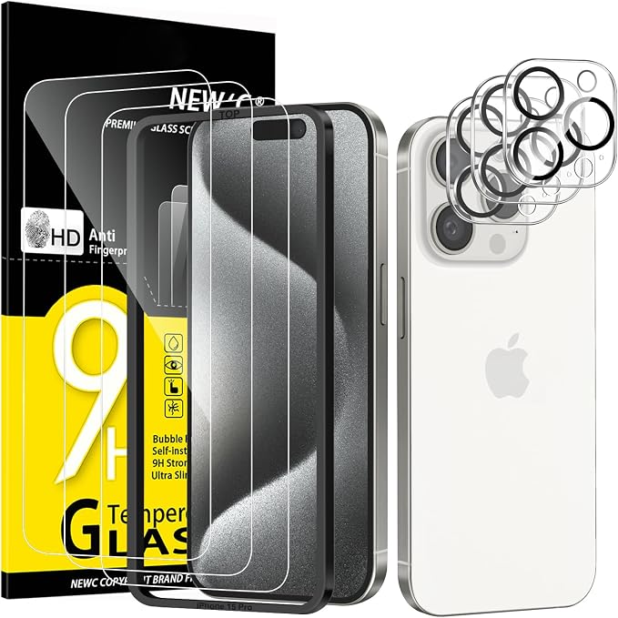 NEW'C 3x for iPhone 15 Pro Screen Protector (6.1 inches)+ 3x Camera Lens Protector, Sensor Protection, Case Friendly Tempered Glass Film + Dust Plug- Easy installation tool include