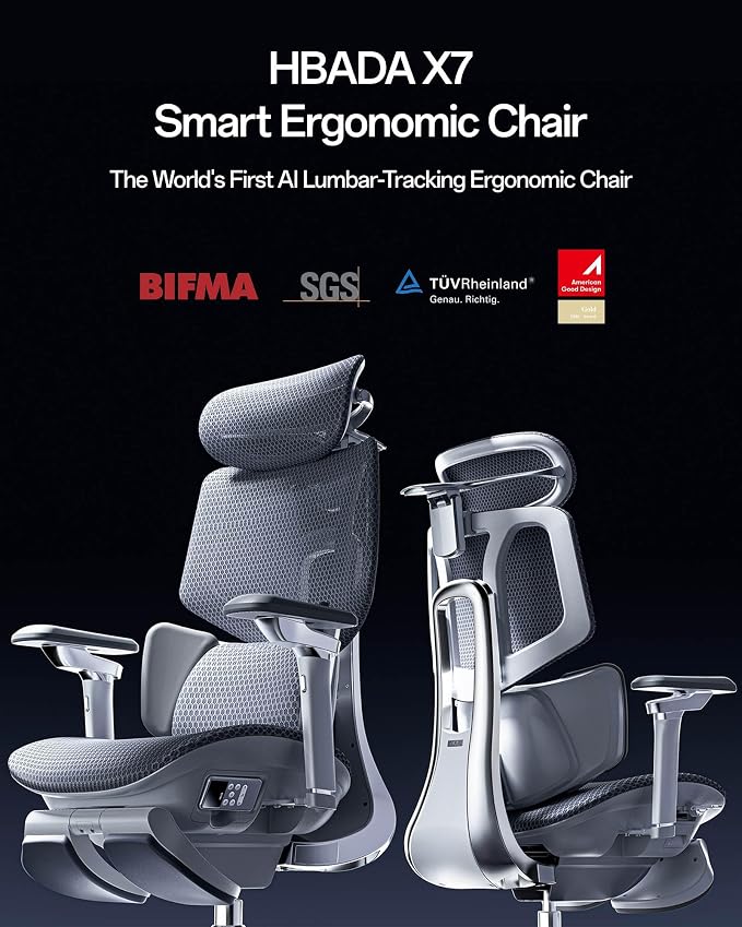 Hbada X7 Smart Ergonomic Chair, Office Chairs, Fully Automated Lumbar Tracking, 4D Adjustable Headrest, 720° Adjustable Armrests, Ventilated Seat Cushion, Swivel, Grey