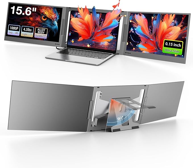 QQH 15.6" Laptop Screen Extender, Ultra-Slim Triple Portable Monitor, One Cable USB-C Dual Portable Monitor, Travel Monitor, Portable Laptop Monitor Extender for 12"-16" Laptops, MacOS/Windows/Android