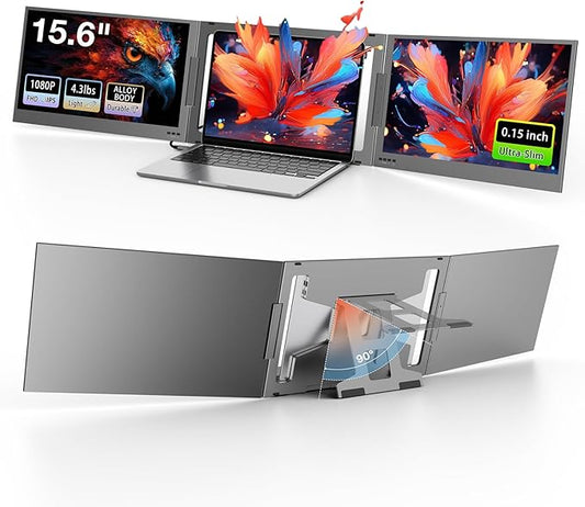 QQH 15.6" Laptop Screen Extender, Ultra-Slim Triple Portable Monitor, One Cable USB-C Dual Portable Monitor, Travel Monitor, Portable Laptop Monitor Extender for 12"-16" Laptops, MacOS/Windows/Android