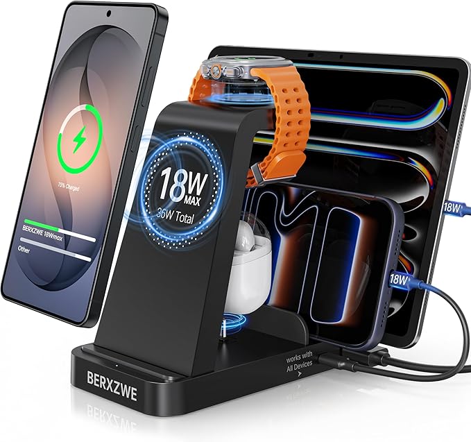 Wireless Charger for Samsung, 5 in 1 Fast Charging Station Dock Stand Compatible with Galaxy S26 Ultra S25 S24, Galaxy Watch 8 7 6 5 4, Multi Devices Wireless Charger for Samsung Phone Watch Earbuds