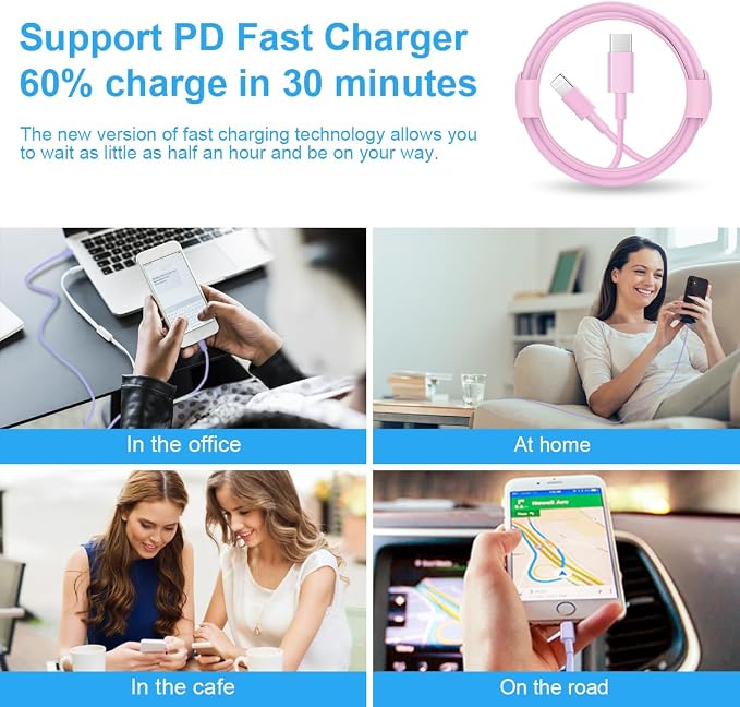 iPhone Fast Charger 3+3Pack 20W USB C Wall Charger with 6FT Fast Charging Cable Compatible with iPhone 14/13/12/11/Pro/Pro Max-Pink