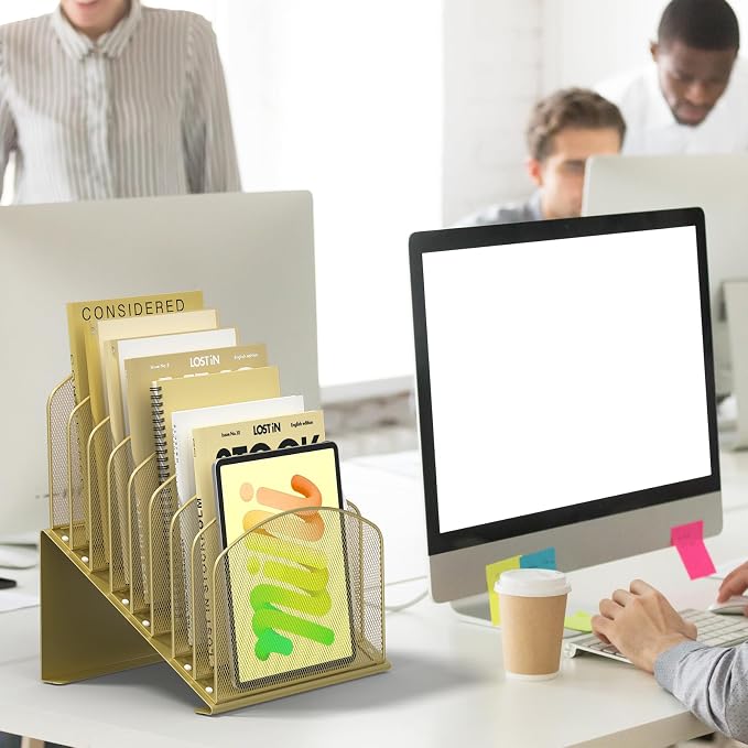 Inclined Desk File Organizer Metal Desk Magazine Folder Holder with 8-Section Vertical Compartments Rack File Organizer for Office, Home, School, Gold