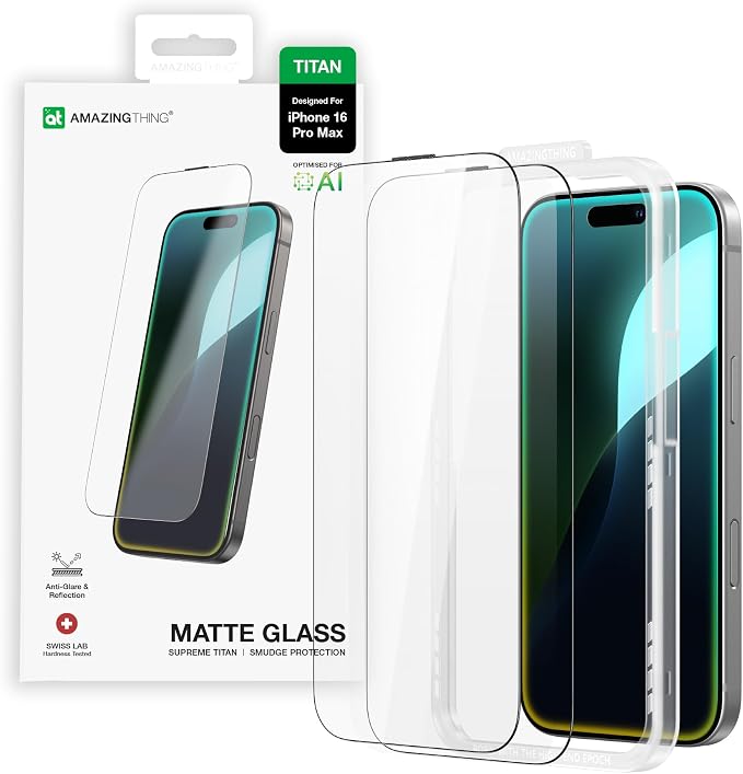 AMAZINGthing for iPhone 17 [Titan Filter 7 - Full Glass] Screen Protector, 9H Tempered Glass, Full Coverage, Case‑Friendly, Oleophobic, Alignement Frame, 2 Pack (Anti-glare&reflexion Matte, iPhone 16 Pro Max)