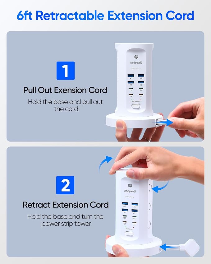 Power Strip Tower, PD 65W USB Charging Tower, kakyanill Surge Protector Tower 9 AC Outlets 8 USB (4 USB C), 6 Ft Retractable Extension Cord, Charging Station for Office Dorm Room, White