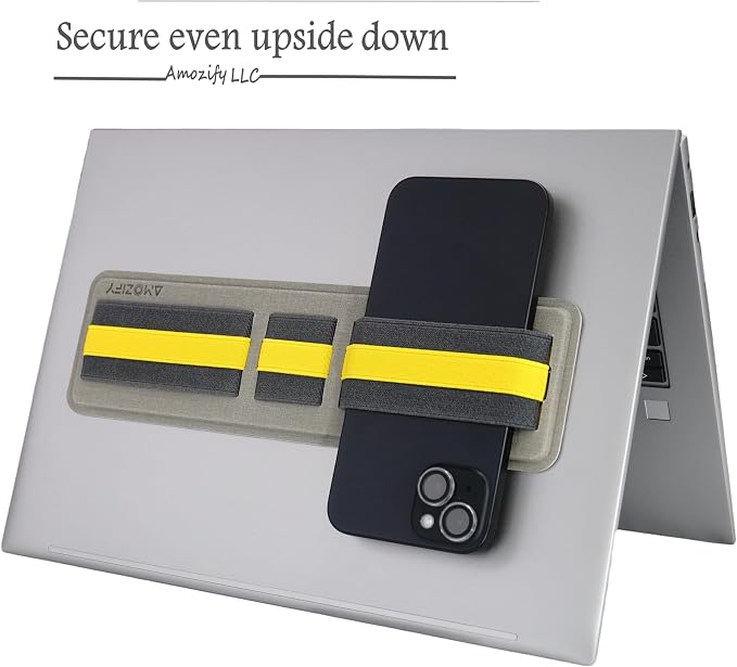 AMOZIFY® Space-Efficient Anti-Slip Organizer, Mouse Holder for Laptop Stick On, 3-Slot Band Laptop Pocket Adhesive | Hard Drive Holder (Gray-Yellow)