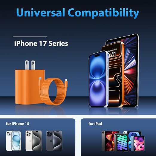 iPhone 17 16 15 Charger Fast Charging Type C Chargers USBC Fast Charger Block& iPhone 17 Charger Cord 10FT Long USB C Charging Cable for Phone 17/17 Pro/17Pro Max/Air/Phone 16 15 Pro Max,Cosmic Orange