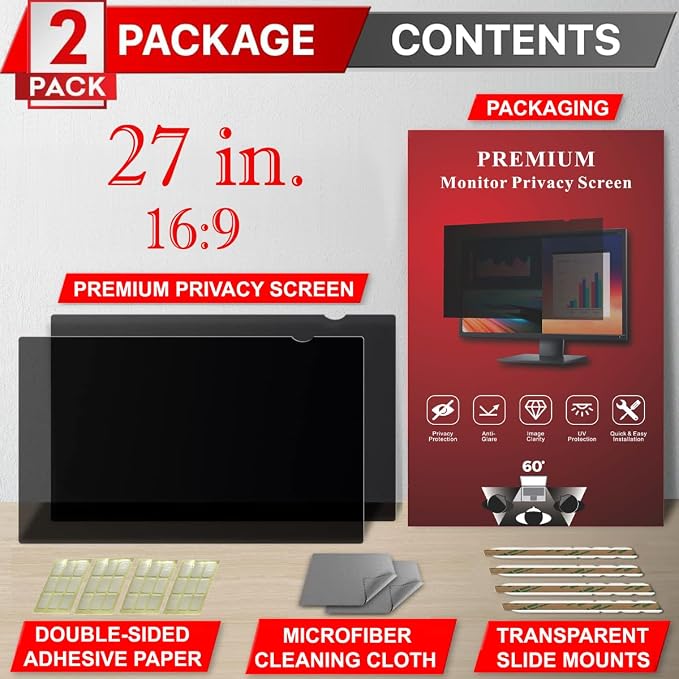 [2 Pack 27 Inch Privacy Screen Filter for Widescreen 16:9 Monitor | Privacy Shield | Anti-Glare | Anti-Blue light | Eye Protection | Anti-SPY | Computer Security Private Filter Protector