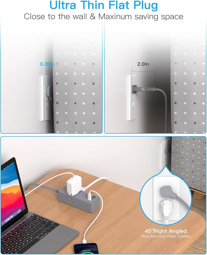 10Ft Extension Cord with Multiple Outlets,Flat Plug Power Strip Surge Protector with 10 Ft Long Cord,6 Outlet 4 USB Ports (2USB C),Multi Outlet Wall Plug for Travel,College,Dorm Essentials-Grey