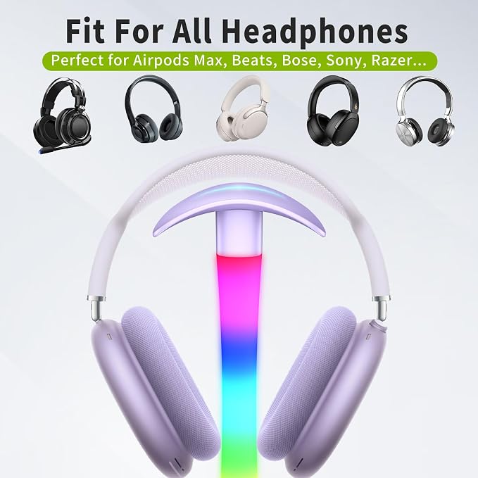 Headphone Stand with Charger,Gaming Headset stand with RGB Light Mode,For Airpod Max Stand,Desk Lamp,Phone Holder,Tablet Holder,desktop organizer,Gifts for Gamers & Music Lover (Purple)