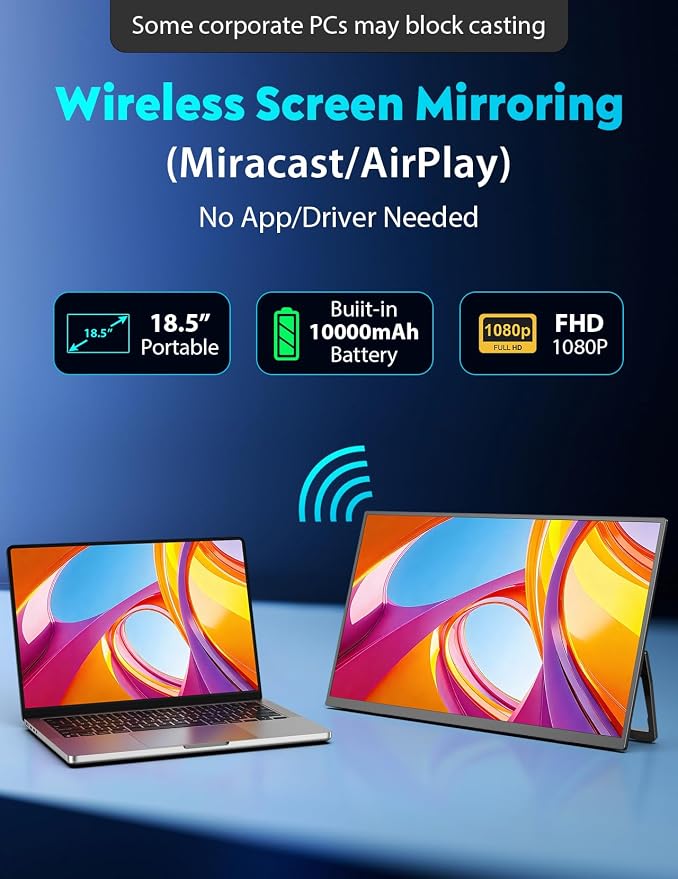18.5" True Wireless Portable Monitor, 1080P FHD, 10000mAh Battery, Wireless Screen Mirroring (AirPlay/Miracast), Auto Rotation for Phone/Tablet, USB‑C & Mini HDMI, VESA, Protective Sleeve Included