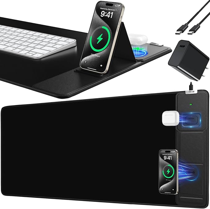 Mouse Pad with Foldable Phone Holder, Wireless Charging Desk Mat 31.5x15.75 Mousepad with Superior Micro-Weave Cloth Non-Slip Waterproof Desk Pad (Black with PD Adapter-Right Charging)