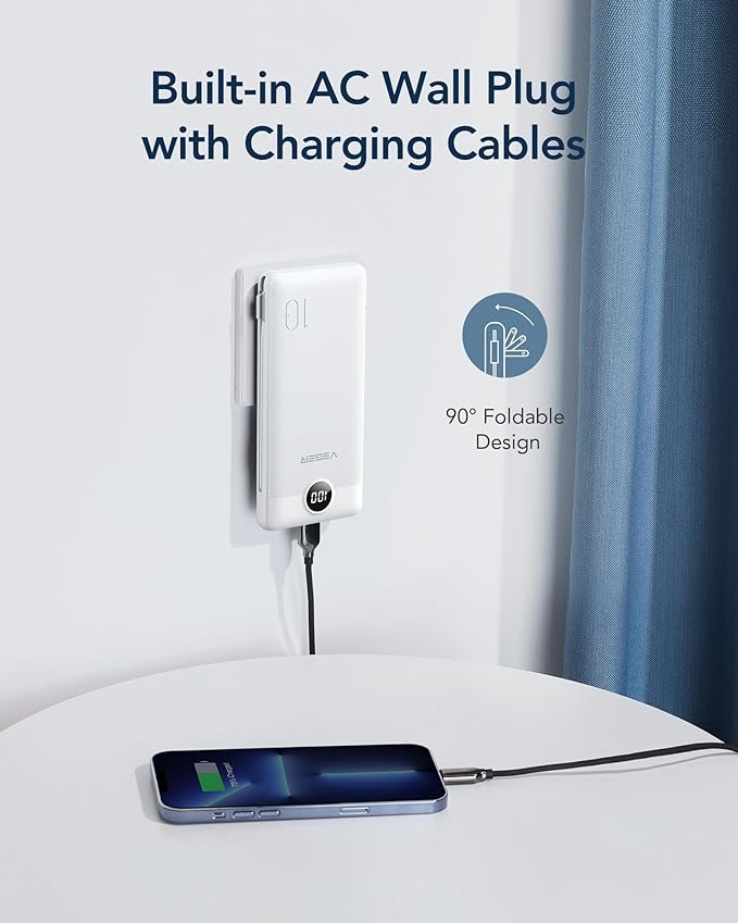 VEGER Portable Charger with Built-in AC Plug and Cables, All in One 10000mAh Ultra Slim Power Bank Travel Essentials, Fast Charging Battery Pack Compatible with iPhone, Samsung, Android, White