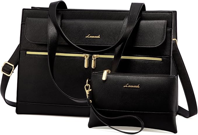 LOVEVOOK Laptop Tote for Women - 15.6 Inch Professional PU Leather Computer Briefcase, Waterproof Handbag, Large Capacity Business Teacher Office Bag, Crossbody Purse - Black