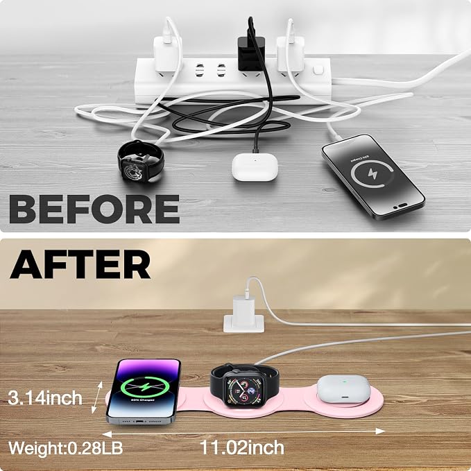 Hicober 3 in 1 Wireless Charging Station for Apple Watch and iPhone Air 17 16 15 14 13 12 Pro Max/Plus, Magnetic Foldable Wireless Travel Charger Station Stand for Airpods iWatch All Series Pink