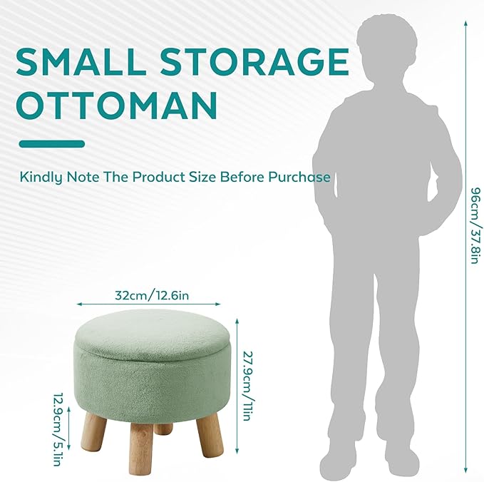 Small Foot Stool Ottoman with Storage, Soft Faux Fur Ottoman Foot Rest for Couch, Round Footstool with Storage, Small Ottomans and Footstools for Living Room and Entryway (Light Green)