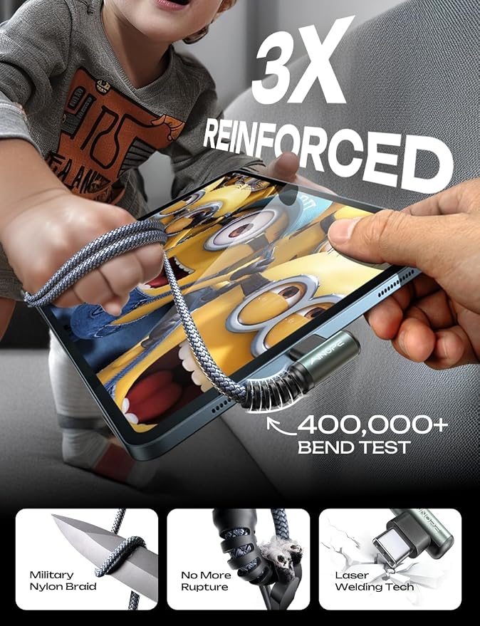 AINOPE 10 FT USB C Cable Fast Charging, 240W USB-C Charge Cable with Adapter, Fast Charger USB C Cable Supports 100W, Right Angle USB C Fit MacBook Pro/Air, iPad Pro/Air, iPhone 17/16/15, 10FT Grey