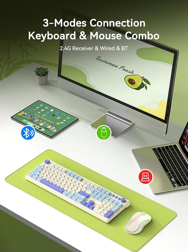 Wireless Keyboard and Mouse Combo, RGB Backlit Rechargeable 2000 mAh Battery, Wireless Computer Keyboards, Tri-Mode Bluetooth/2.4GHz/USB-C Custom Creamy Keyboard, RGB Backlit Media Knob